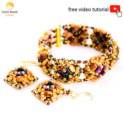 New Free Video Tutorial Pattern Beaded Jewelry Set: Bracelet & Earrings with Nib Bit, Rhombus and Round Seed Beads